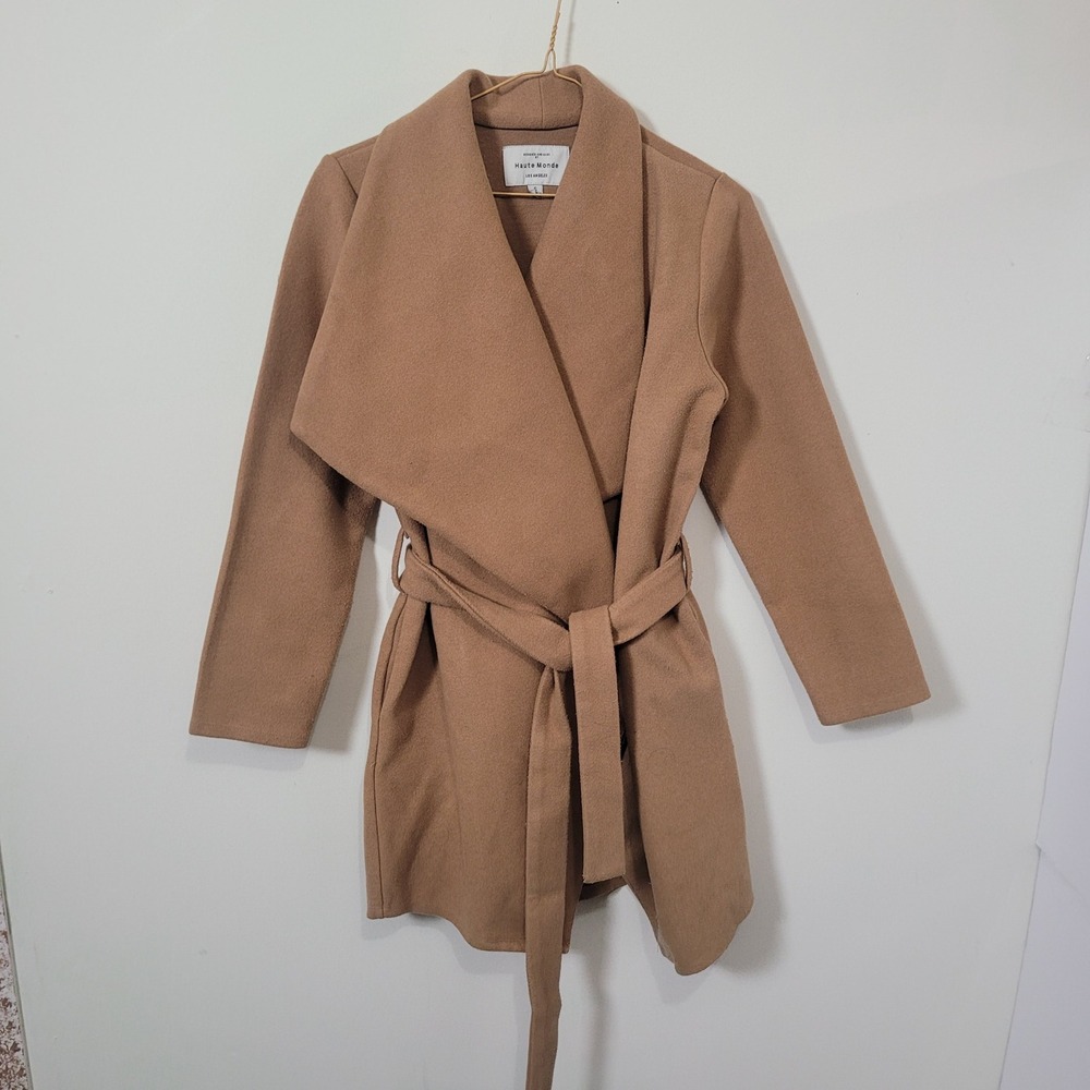 Haute Monde Small Wrap Coat Womens Camel Tan Shawl Collar Belted Trench Jacket